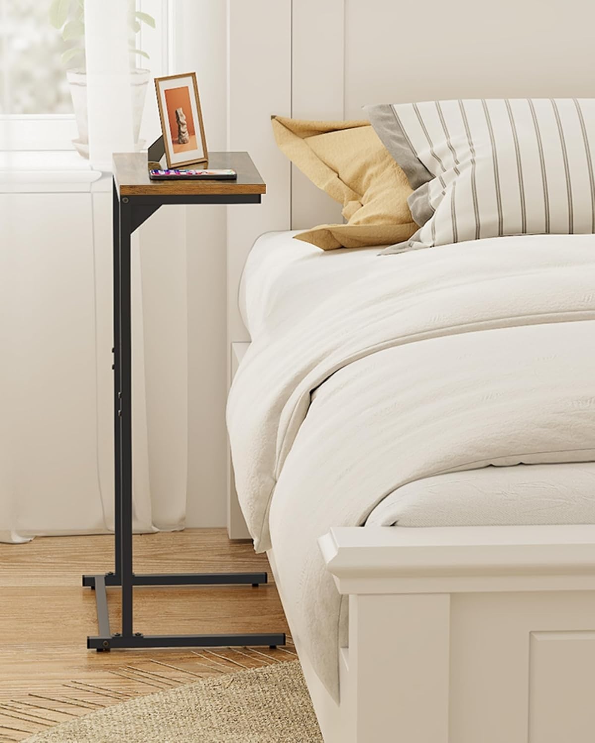 Space-Saving C-Shaped Side Table, Tall Slim Couch Table with Adjustable Feet