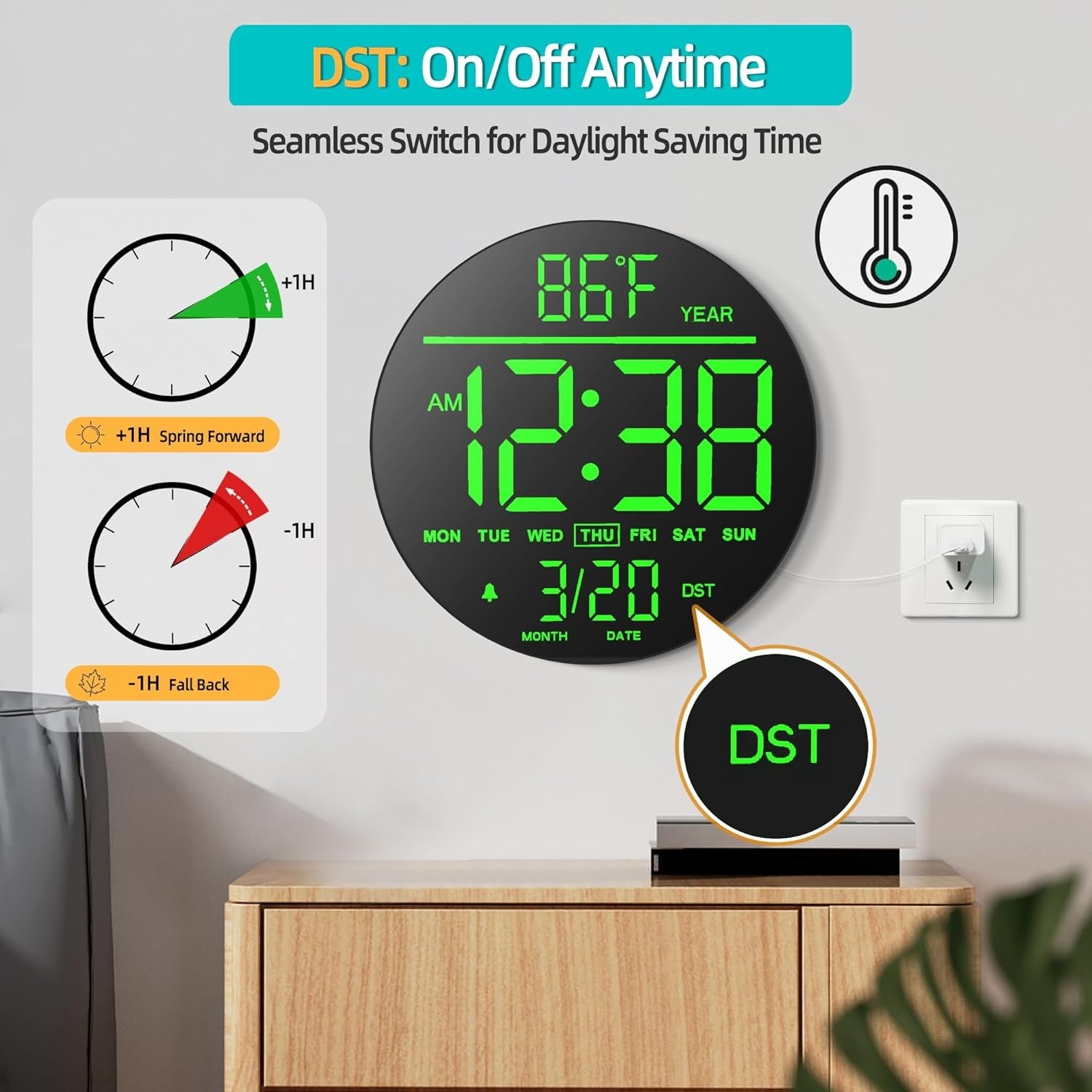 Black Green 10″ RGB Digital Wall Clock LED Large Display Remote Temperature