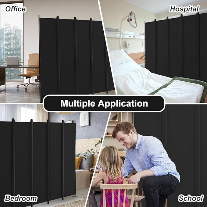 6-Panel Folding Room Divider 6ft Black Privacy Screen Wall Partition Home Office