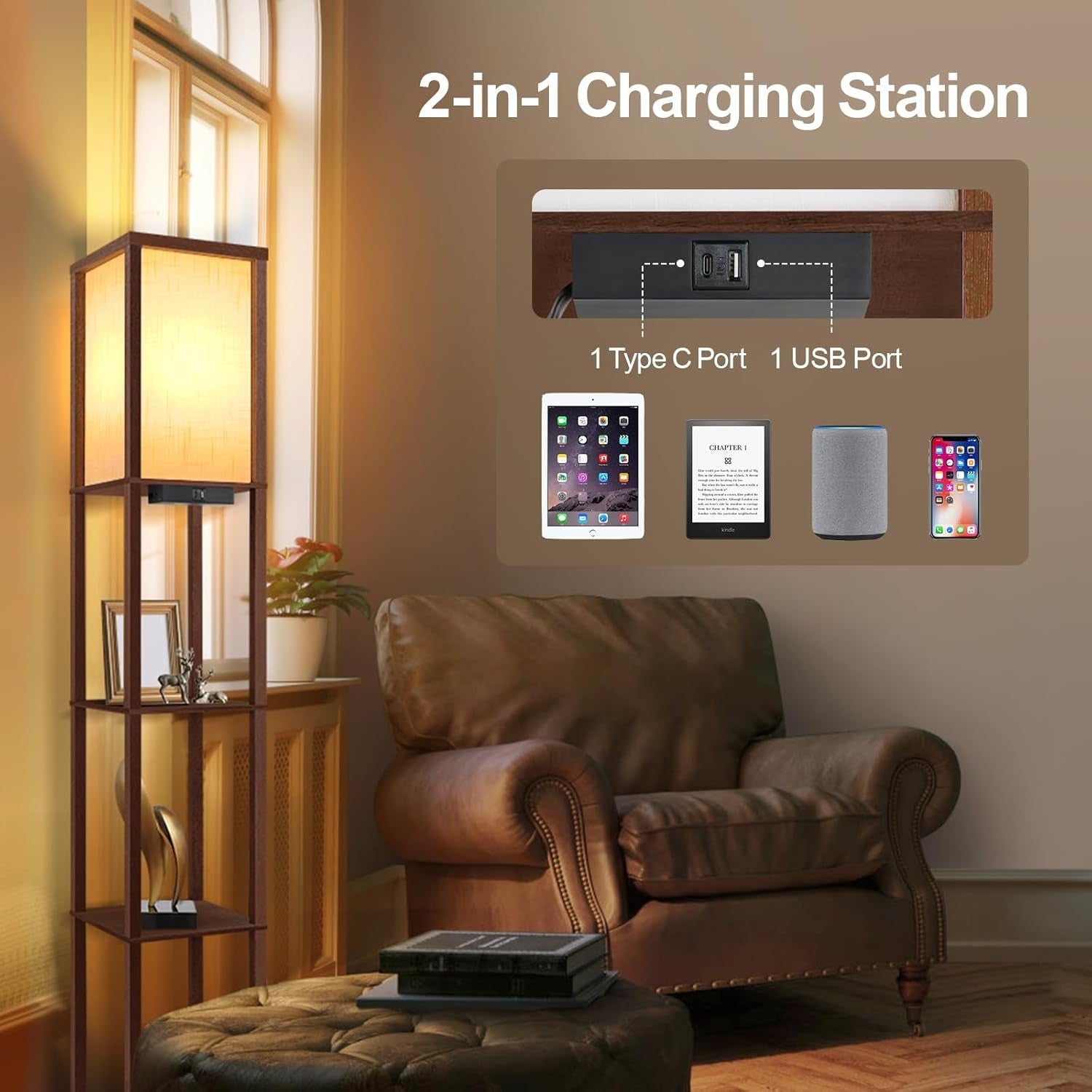 LED Shelf Floor Lamp with USB Charging Wooden Standing Light Walnut Brown