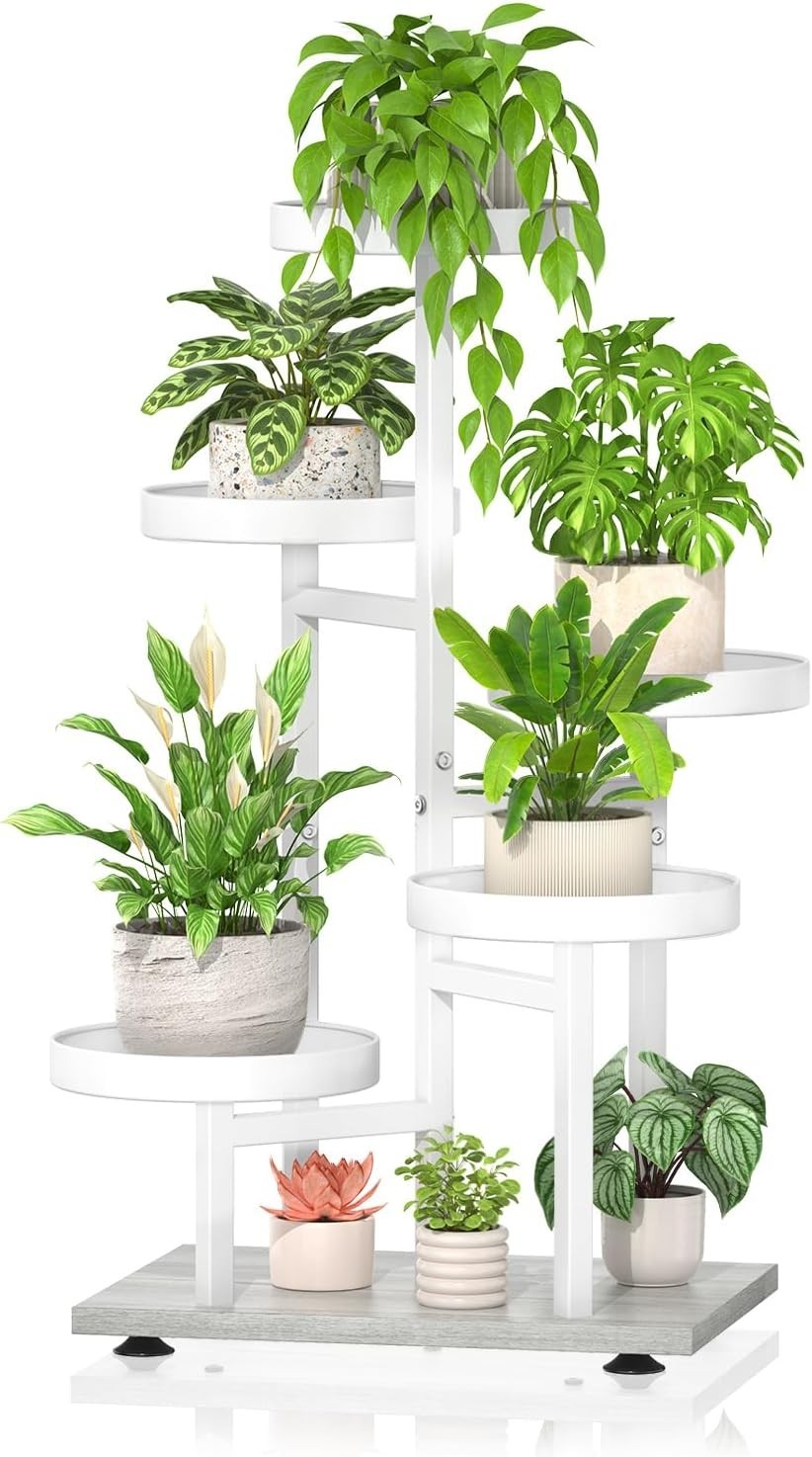 5-Tier White Metal & Wood Plant Stand, Tall Indoor Outdoor Flower Display Rack