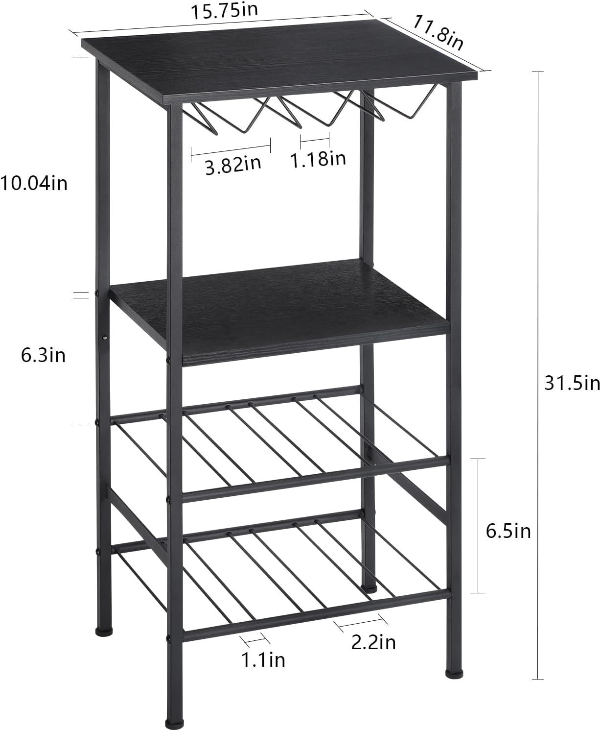 Freestanding 4-Tier Wine Rack with Glass Holder, Rustic Metal Bar Shelf Storage