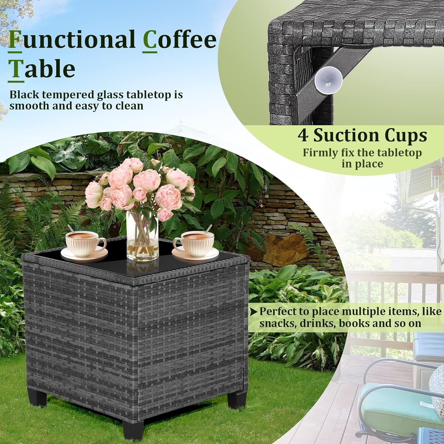 3PC Rattan Garden Bistro Set Chairs Table Cushions Patio Balcony Navy Set