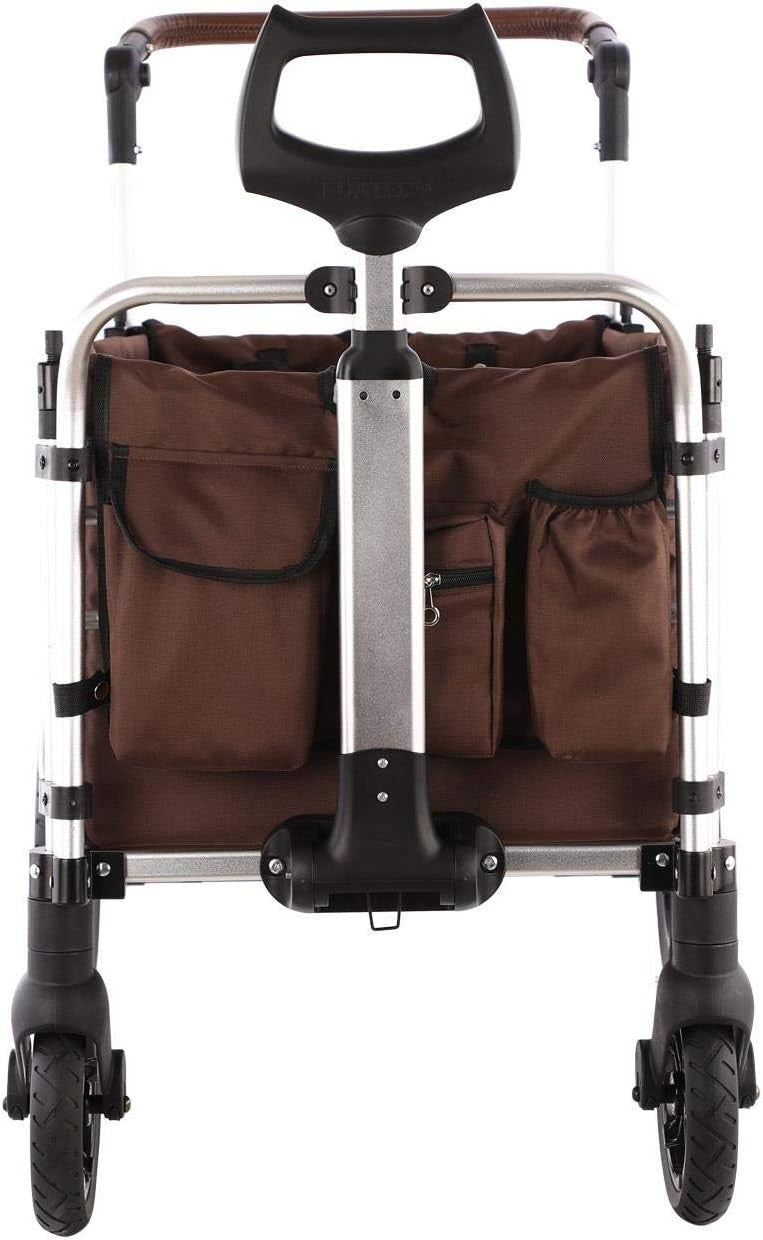 Brown 2-Seater Folding Stroller Wagon Kids Push Pull All-Terrain Cart w/ Canopy