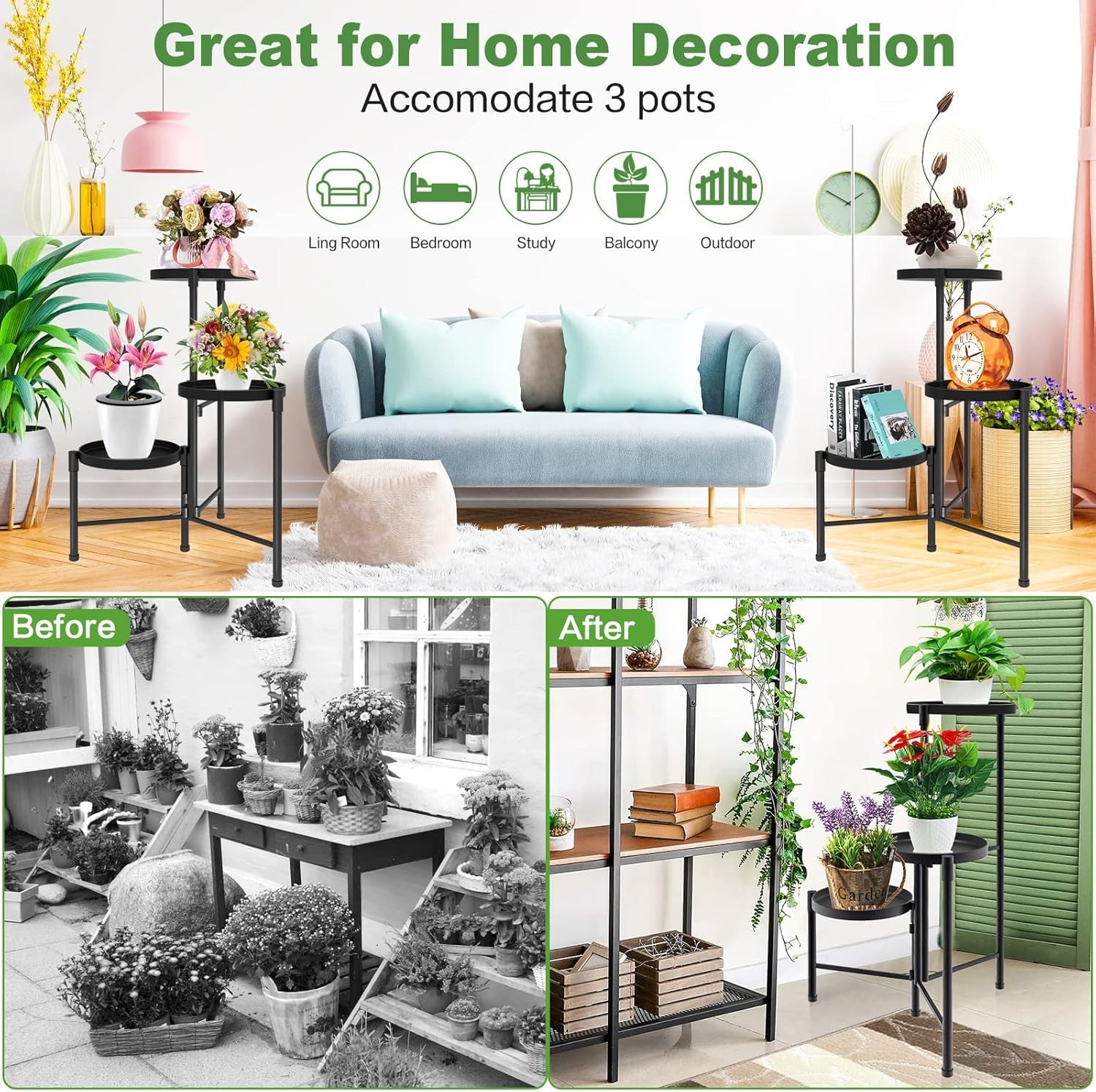 3 Tier Metal Plant Stand Indoor Outdoor Corner Flower Pot Display Rack Black