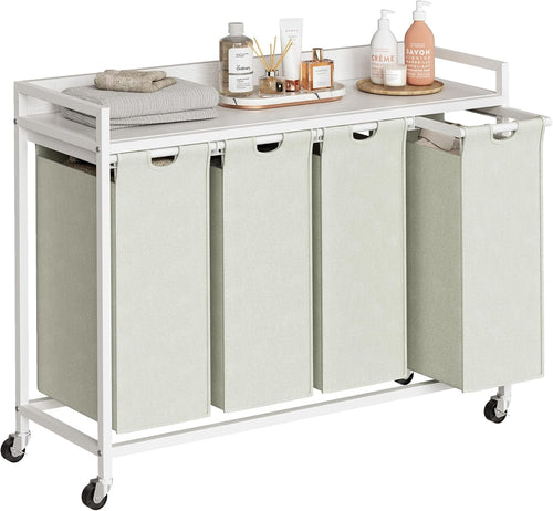 4 Section Laundry Basket with Shelf White Removable Bags Wheels 240L Modern