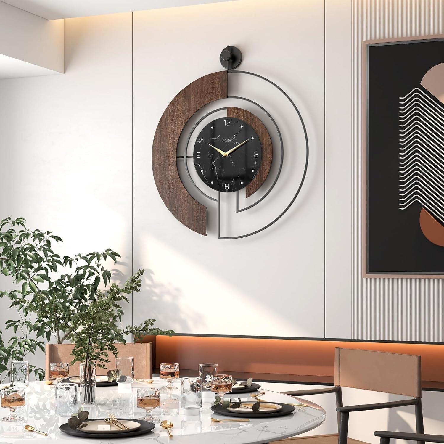 Modern Walnut Marble Dial Wall Clock Silent Non-Ticking Large 60cm Decor