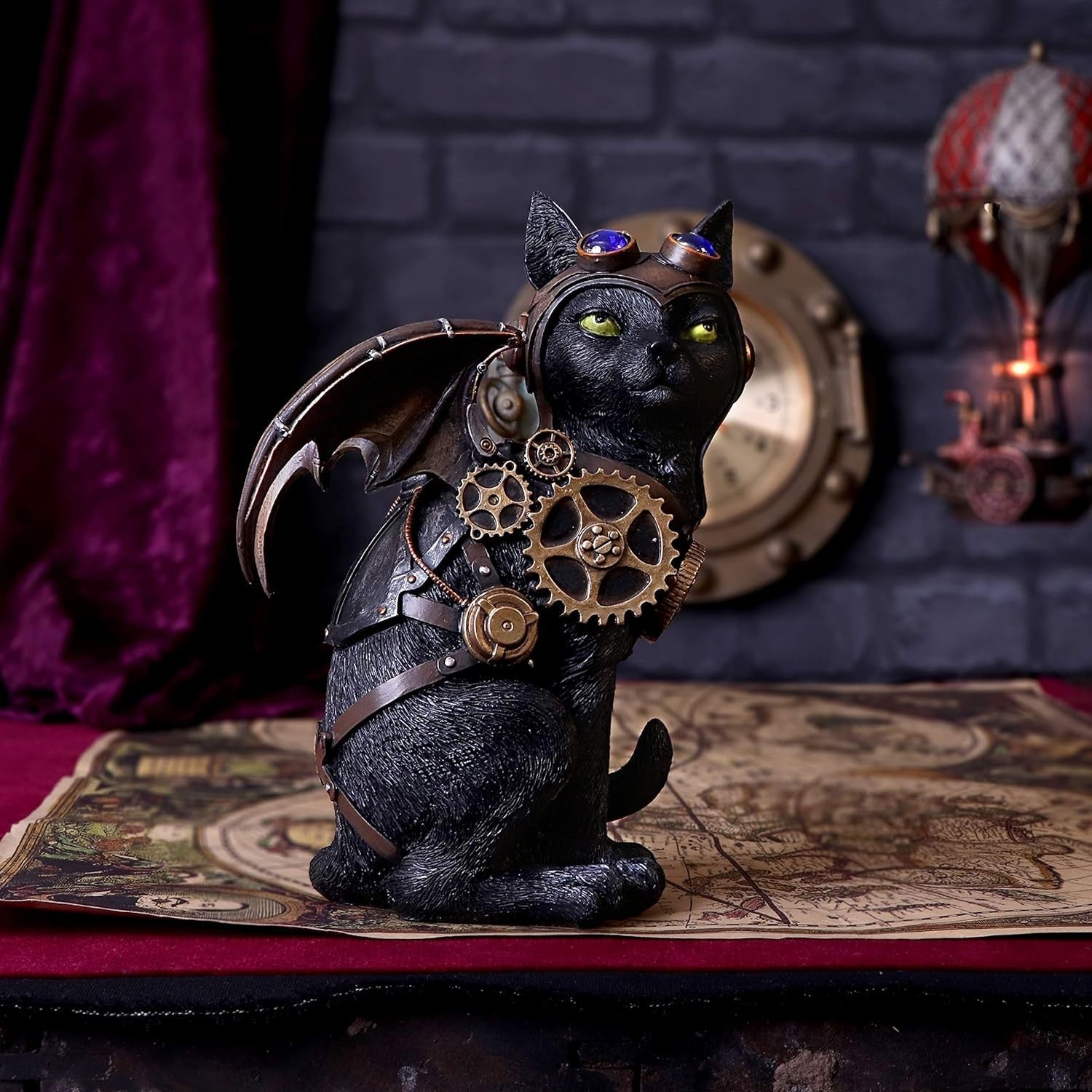Steampunk Black Cat Figurine 22.7cm Winged Resin Statue Gothic Pilot Ornament