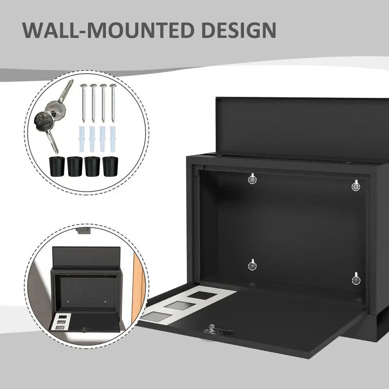 Wall Mounted Post Box with Lock – Modern Black Steel Mailbox