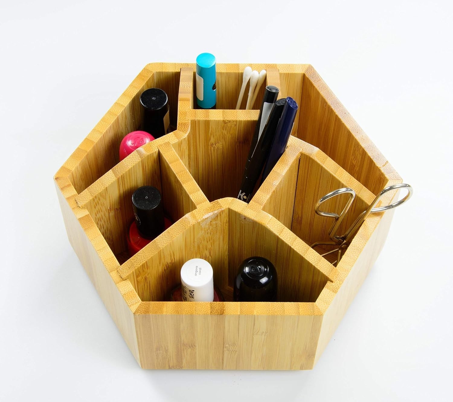 Rotating Bamboo Desk Organiser – 7 Compartment Cosmetic & Pen Holder