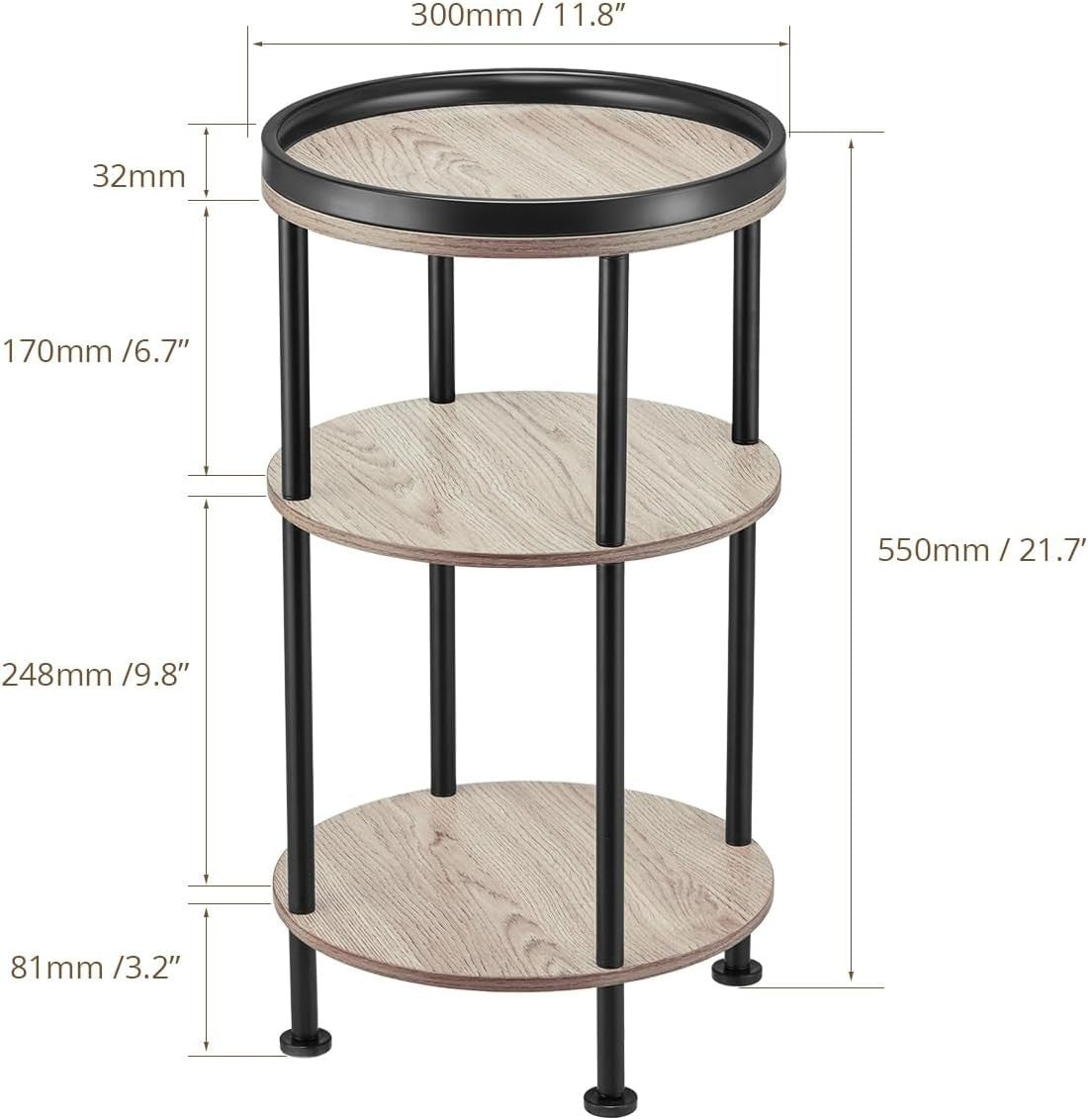 3 Tier Round Side Table with Storage Shelf Metal Frame Small Space Oak 30x55