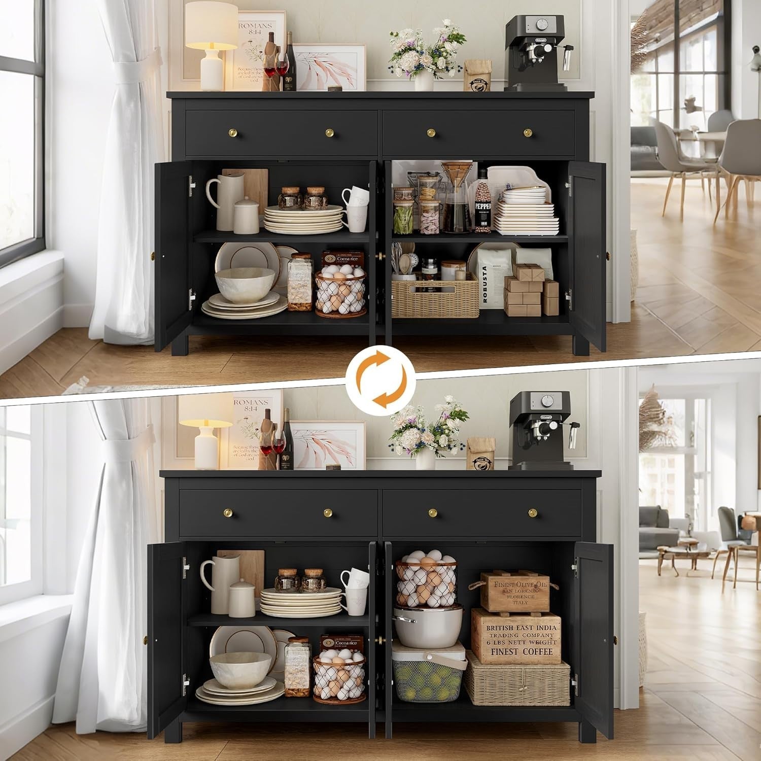Large Black Kitchen Sideboard 4 Doors 2 Drawers Adjustable Shelves Storage