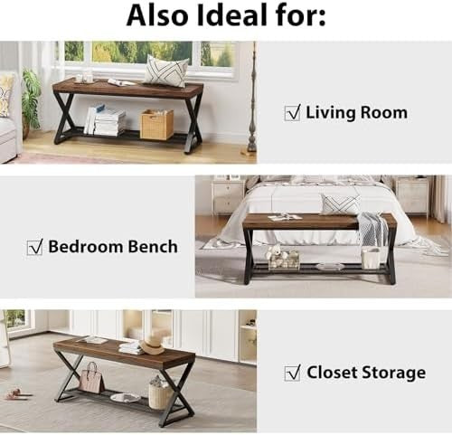 Rustic Brown Industrial Entryway Shoe Storage Bench Metal Frame Seat 99x36x46cm