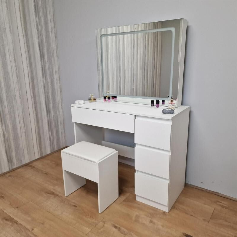 LED Vanity Dressing Table with Mirror & Stool, Makeup Desk w/ Drawers