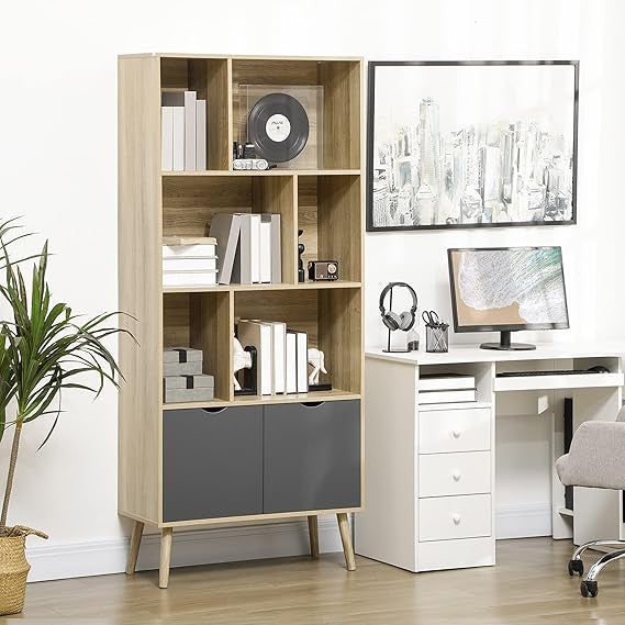 Modern Freestanding Bookcase with Cabinet, 6 Open Shelves, Tall Storage Unit