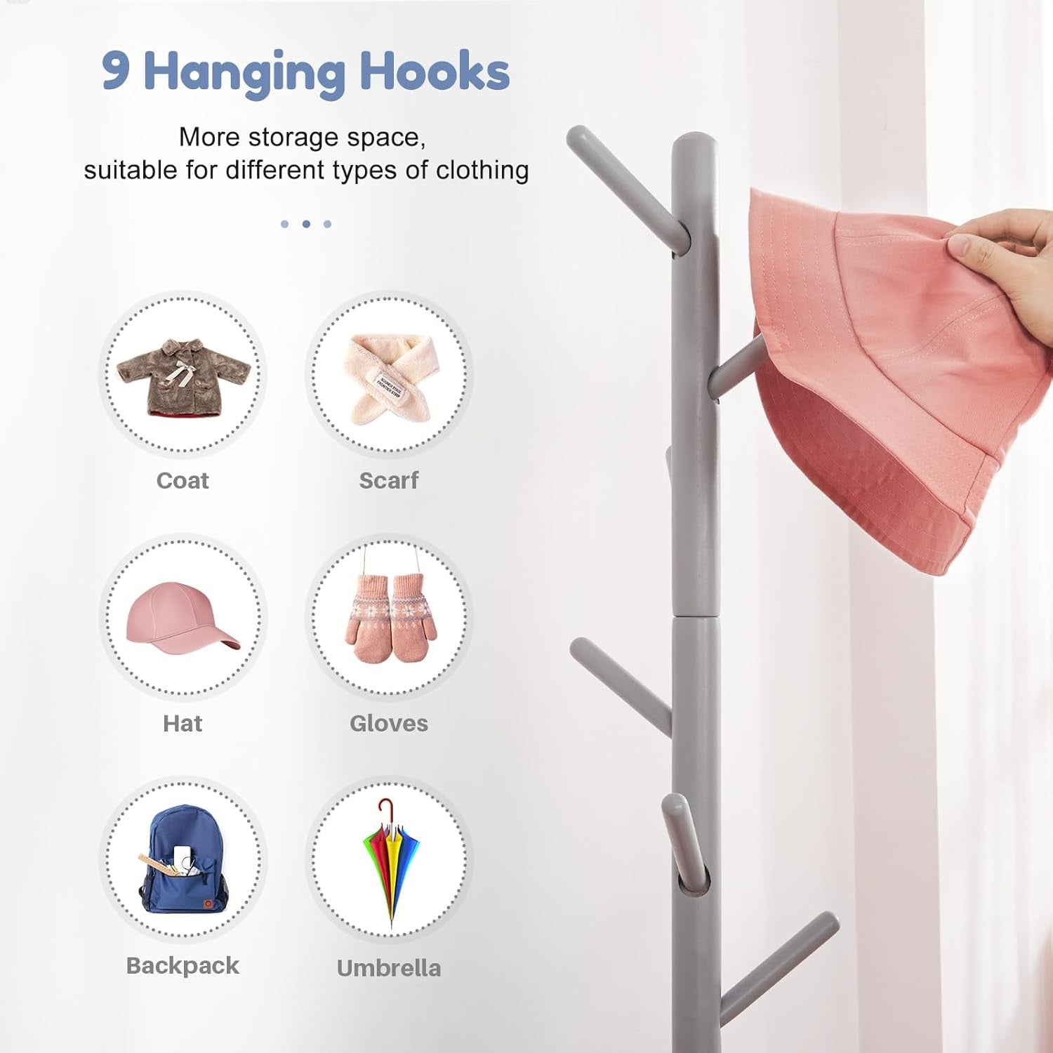 Kids Adjustable Wooden Coat Rack | 9 Hook Freestanding Hallway Stand