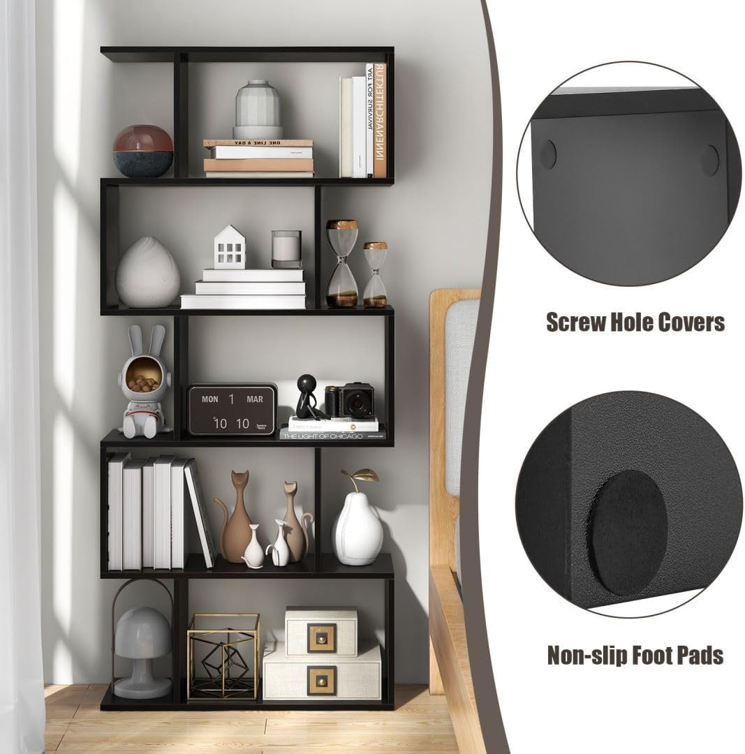 Modern S-Shaped 5/6 Tier Bookcase Elegant Display Shelf Storage Unit Black