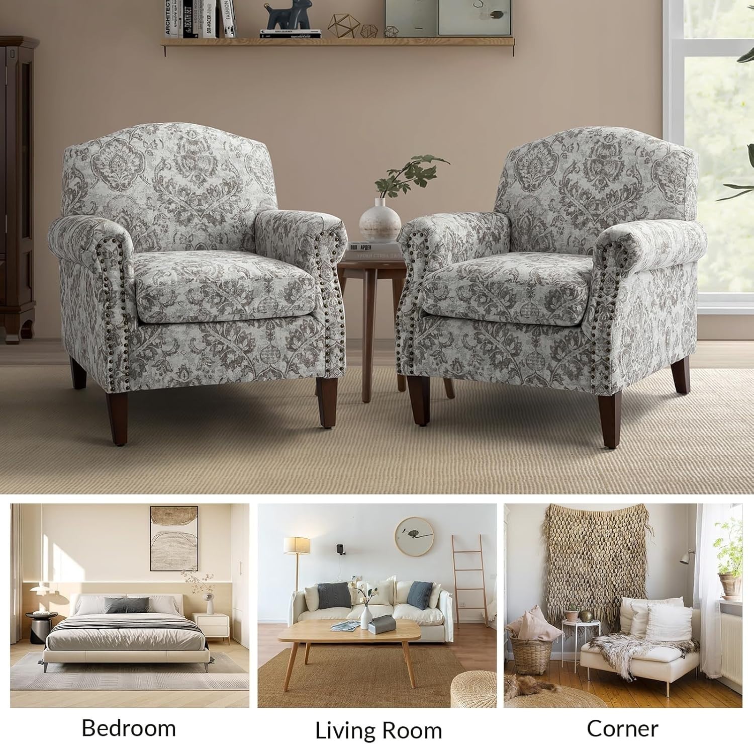 Beige Floral Accent Armchair with Wood Legs & Removable Cushions - Cozy