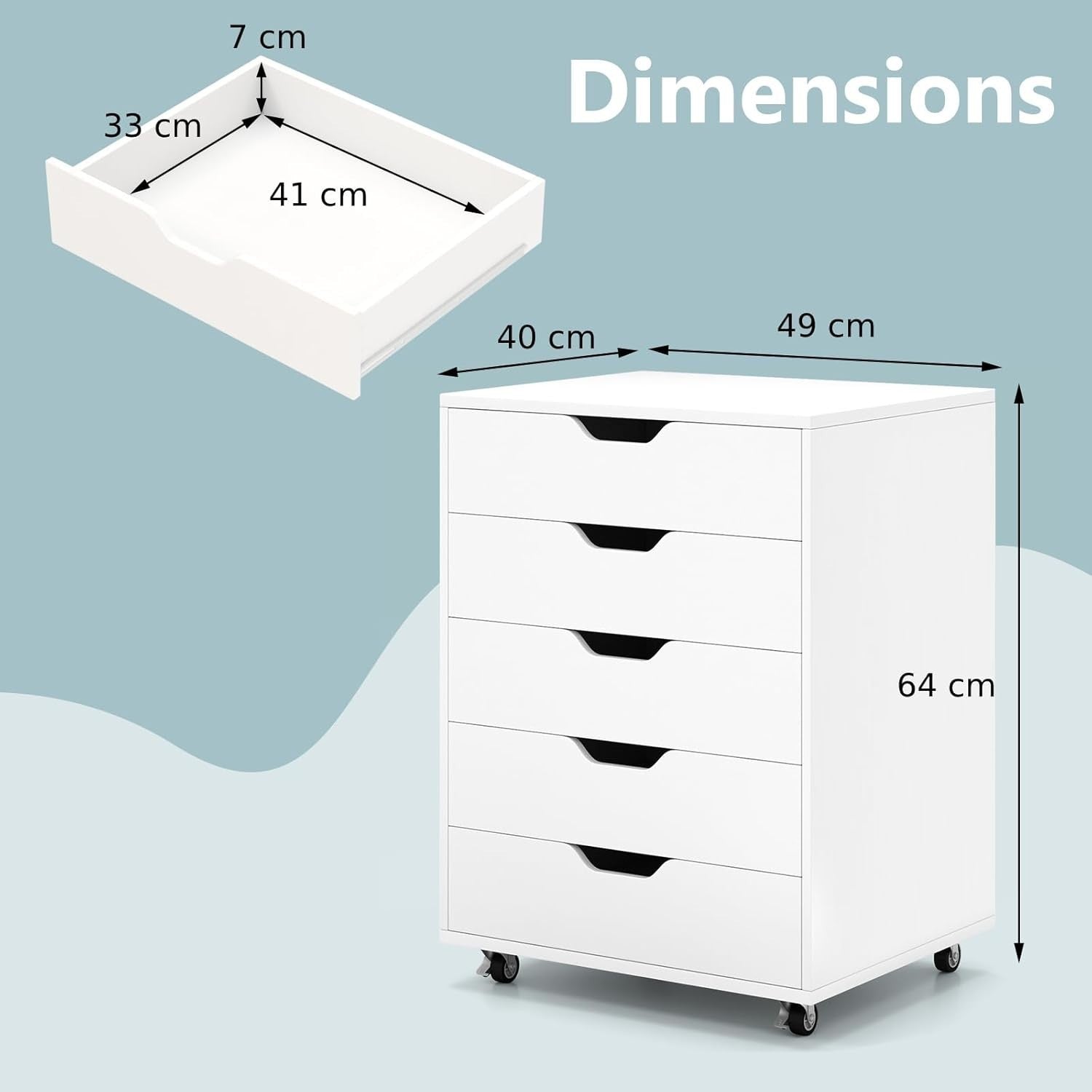 White Mobile File Cabinet 49x40x64cm 5 Drawer Printer Stand
