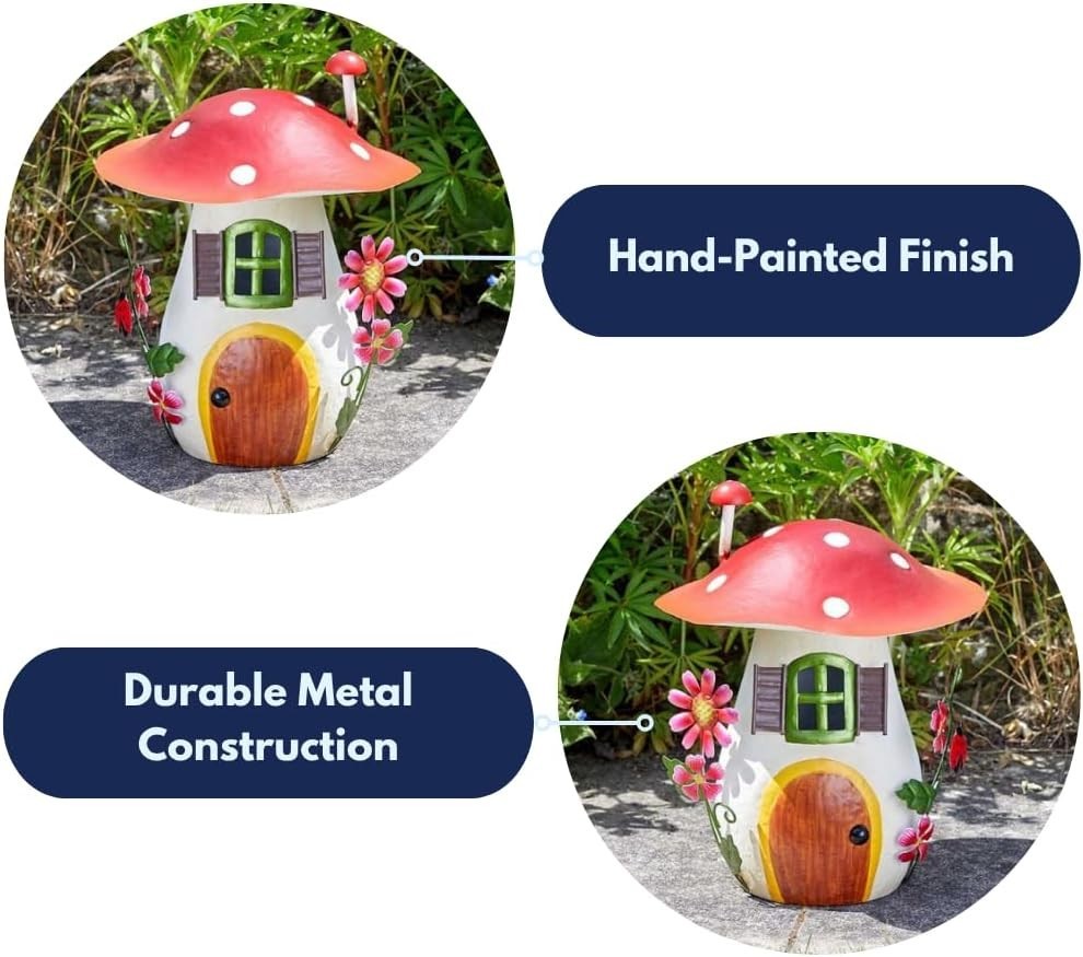 Mushroom Fairy House Garden Ornament Metal Hand-Painted Weatherproof 29cm Decor