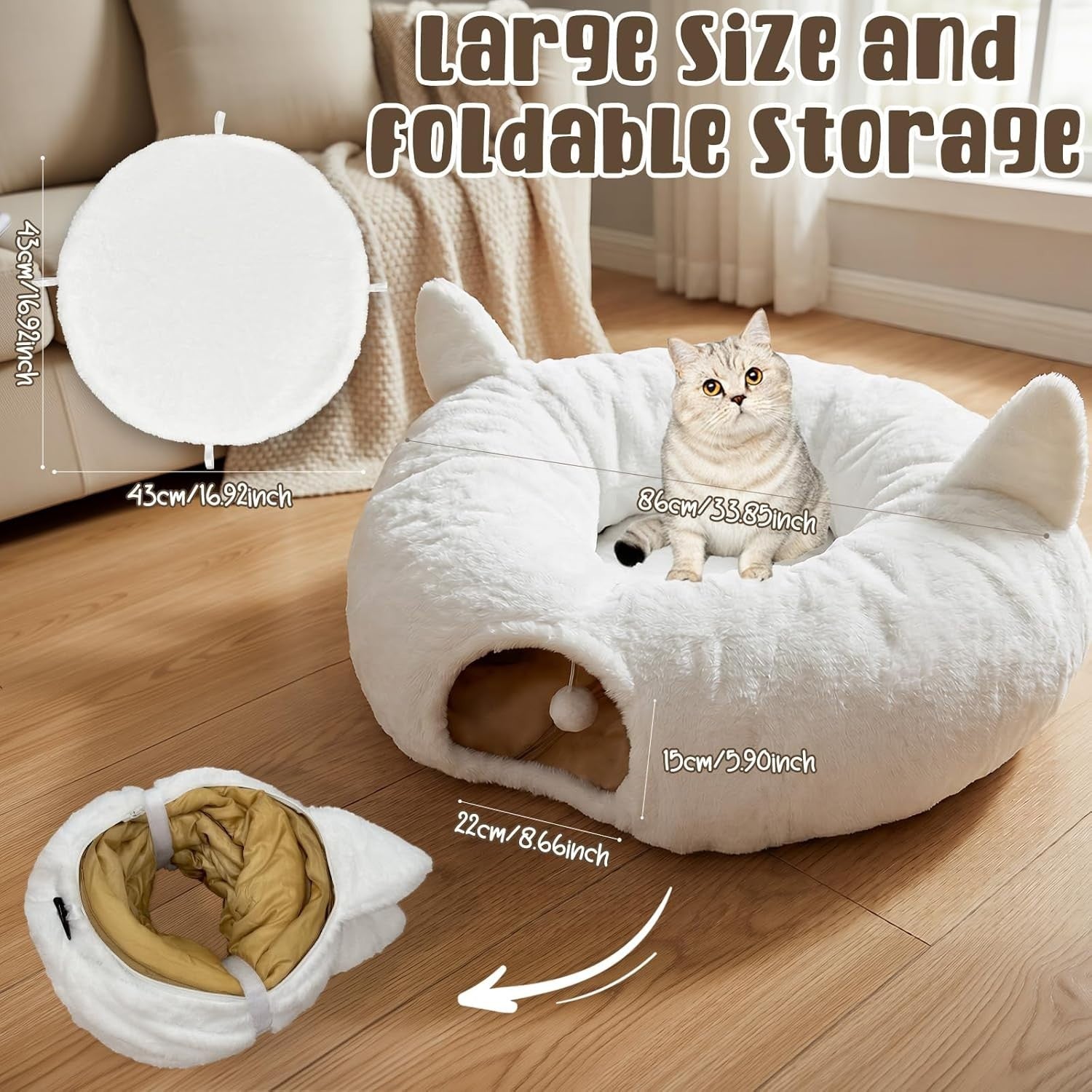 Plush Cat Tunnel Bed Round Donut Cave w Washable Cushion White