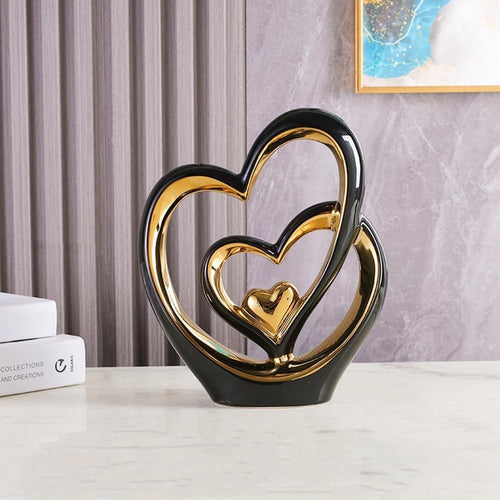 Black Gold Double Heart Ceramic Sculpture Modern Luxury Home Decor Ornament Gift