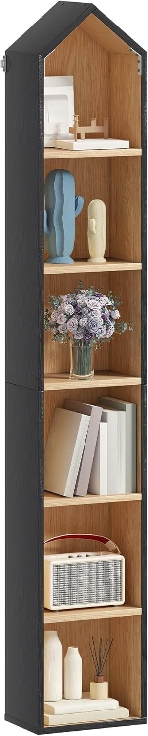 Slim 6-Tier Tall Bookcase White & Oak – Space Saving Display Shelf Unit