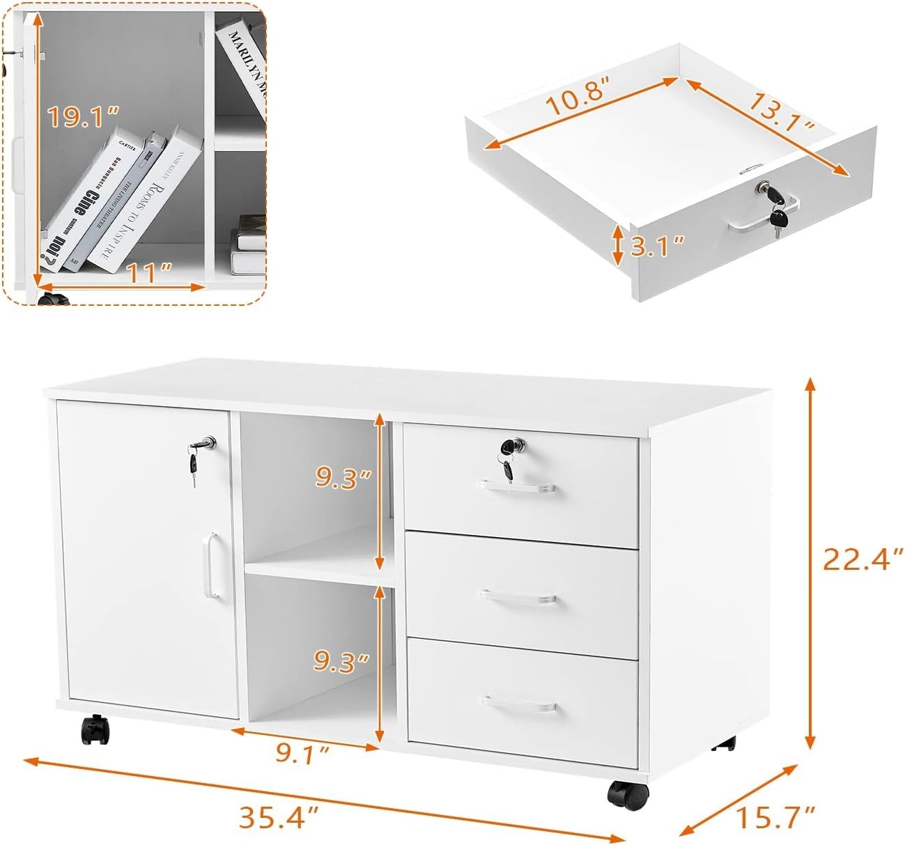Large Locking Rolling File Cabinet 3 Drawer Printer Stand Storage Unit