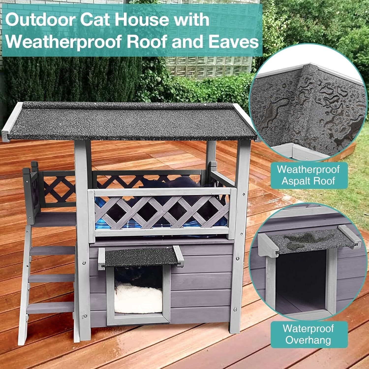 Weatherproof 2-Story Outdoor Cat House with Balcony & Side Stairs 30"L