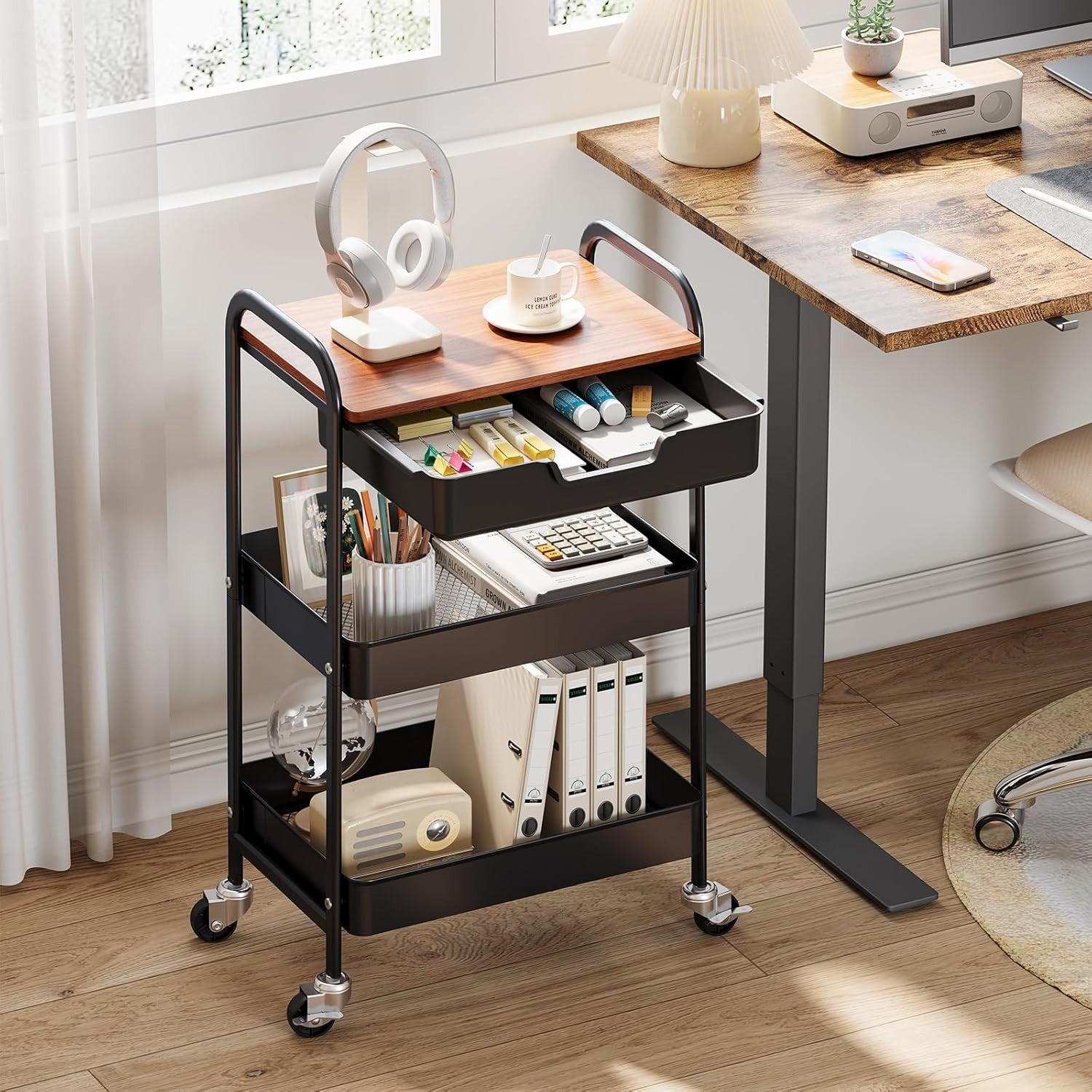 Black 3 Tier Storage Trolley on Wheels w/ Drawer