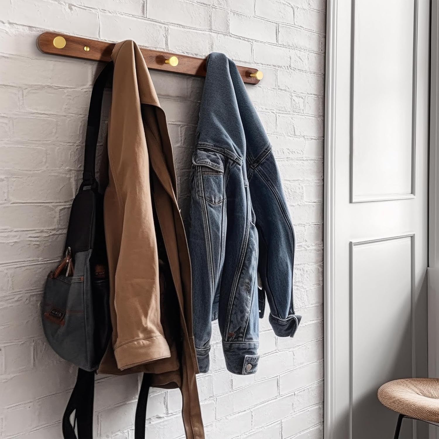Luxury Walnut Wall Coat Rack 5 Gold Hooks Wooden Hanger Rail Hallway