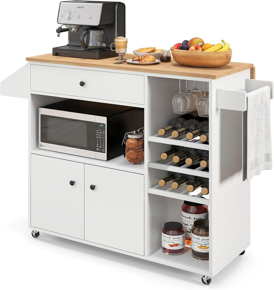 Rolling Kitchen Island Cart with Drop Leaf, Wine Rack & Adjustable Shelves
