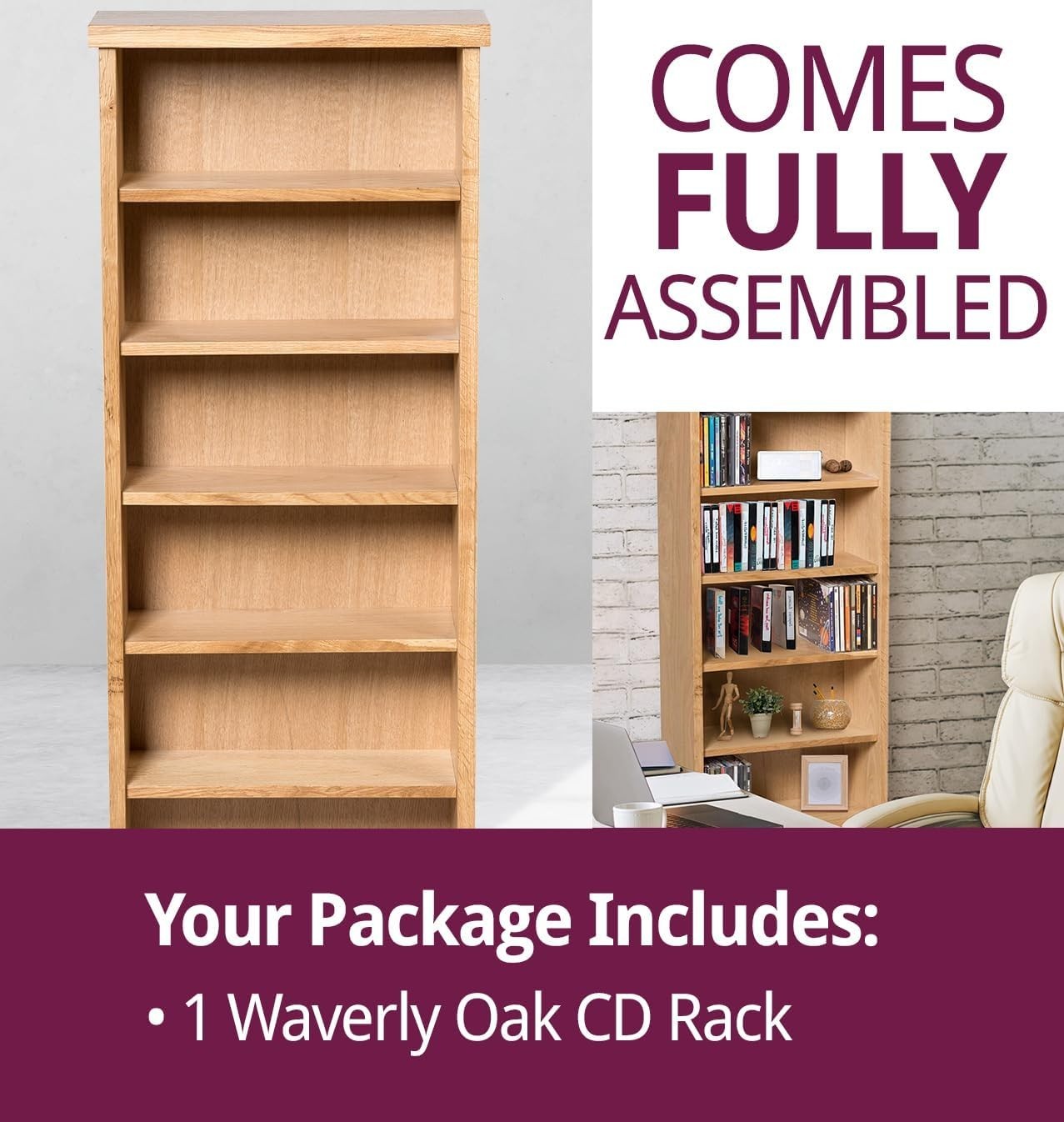 Solid Oak CD DVD Storage Tower 7 Shelf Media Bookcase Display Unit