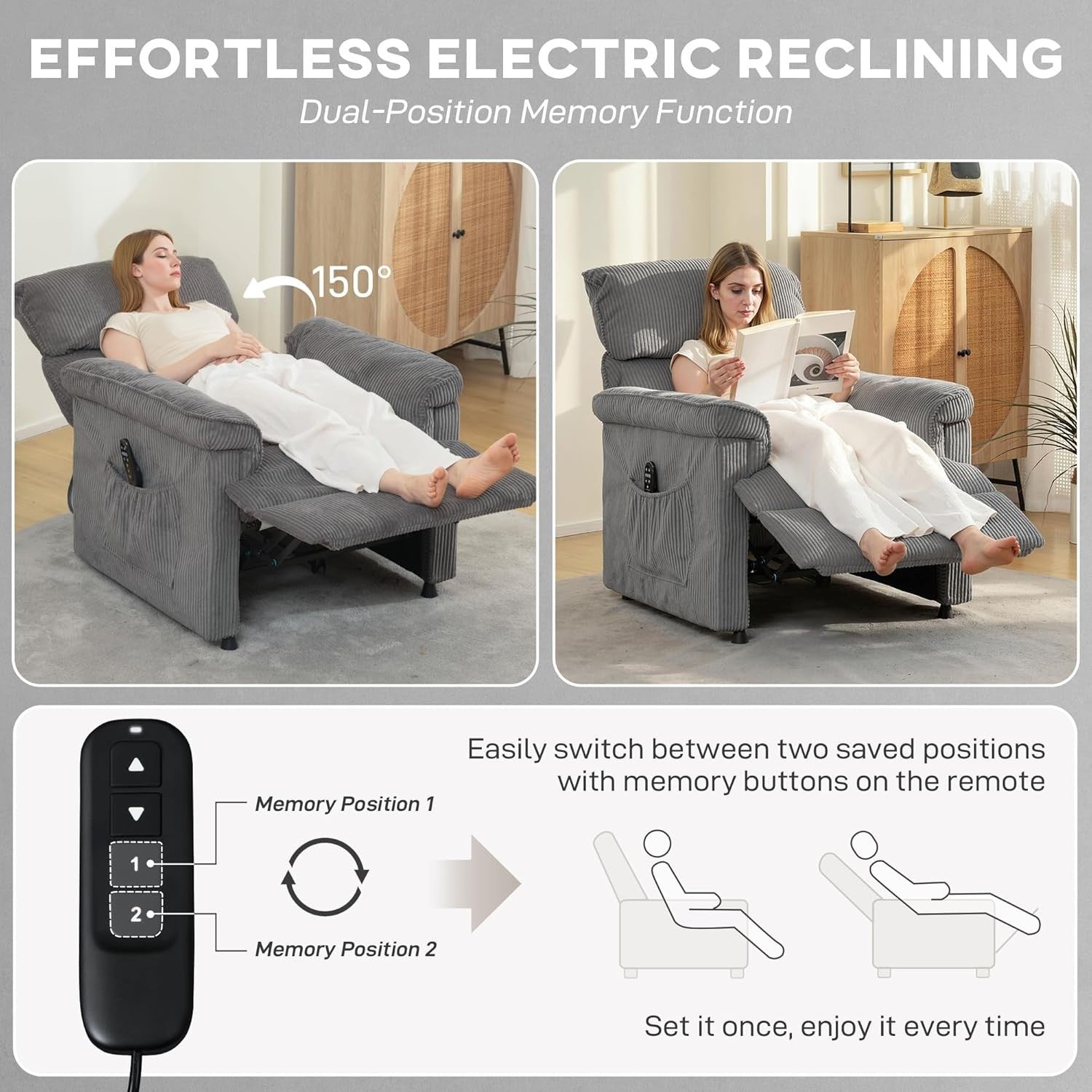 Electric Massage Recliner Chair Heat USB Port Corduroy Power Recliner Grey