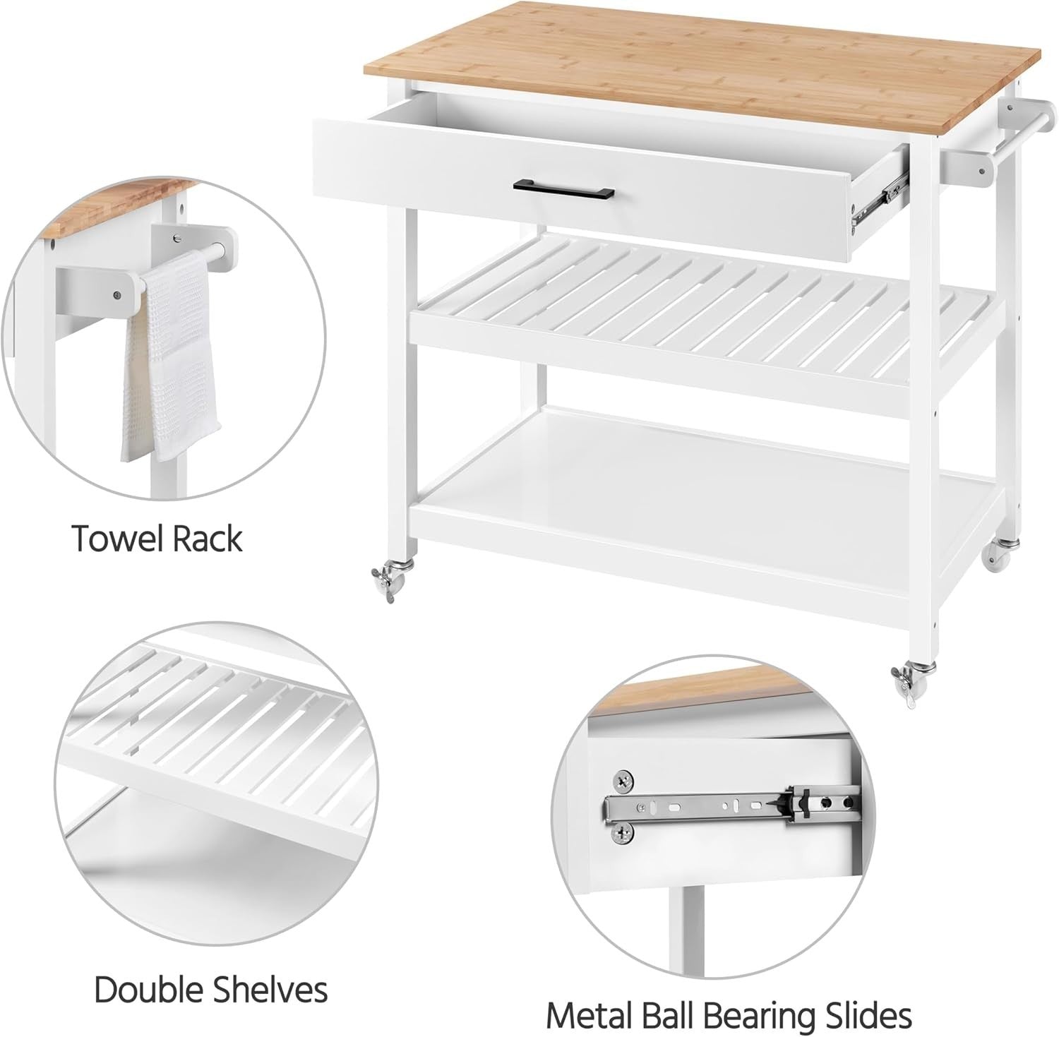 White Rolling Kitchen Island Trolley with Bamboo Worktop, Drawer & Shelves