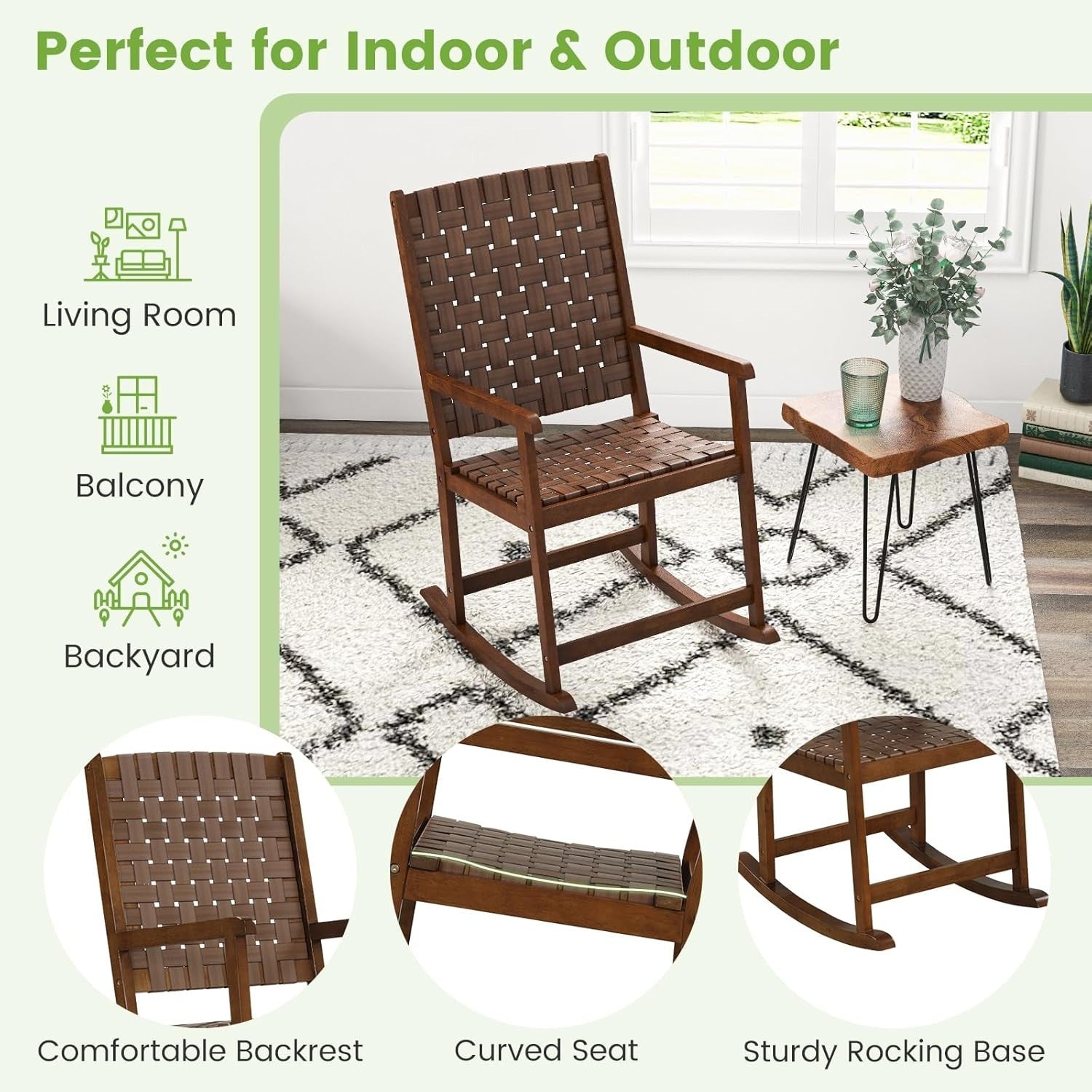Outdoor Rocking Chair with PU Leather Seat & Woven Back – Patio & Balcony