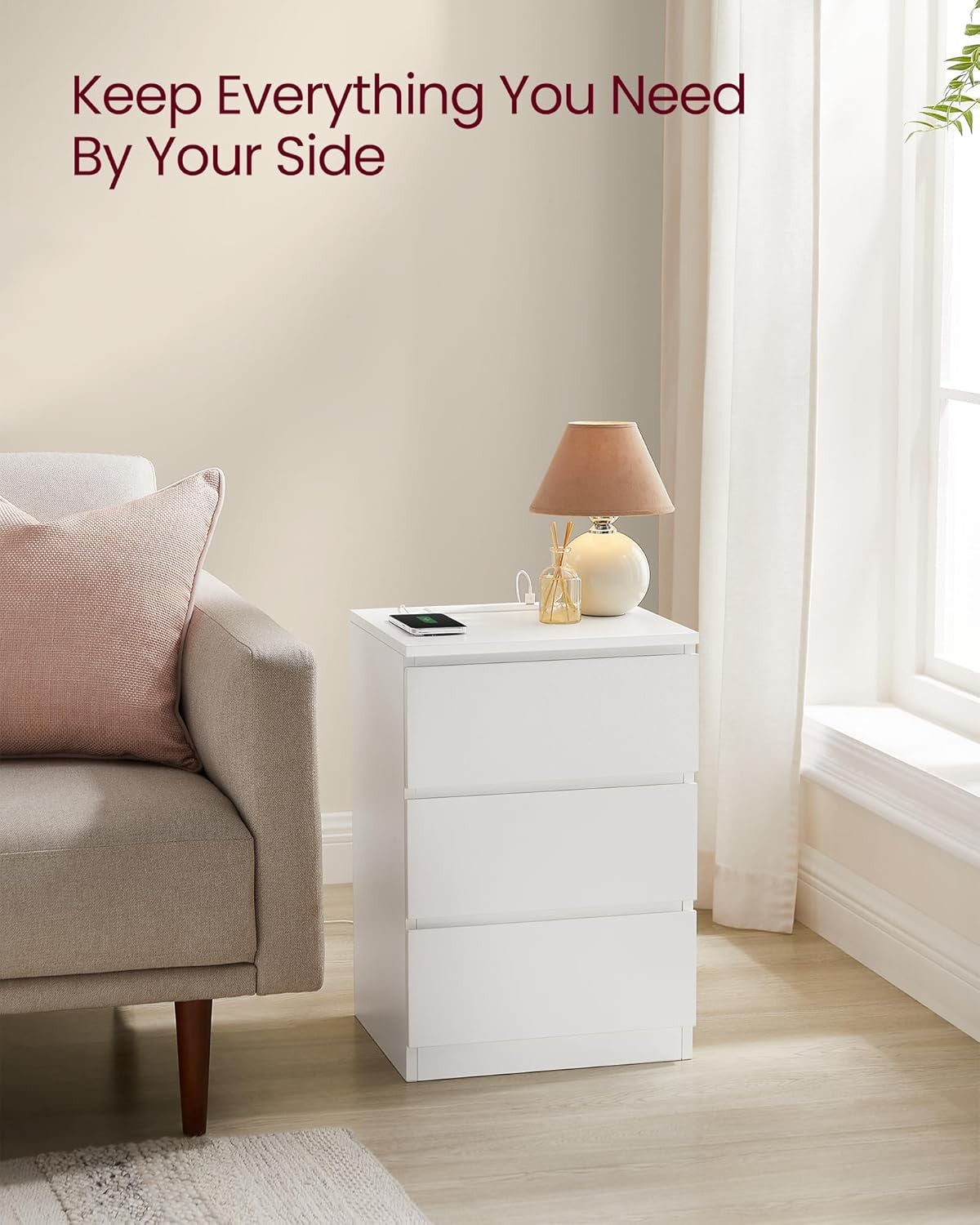 Modern Bedside Table with Charging Station, 3 Drawers, USB & AC Ports, White