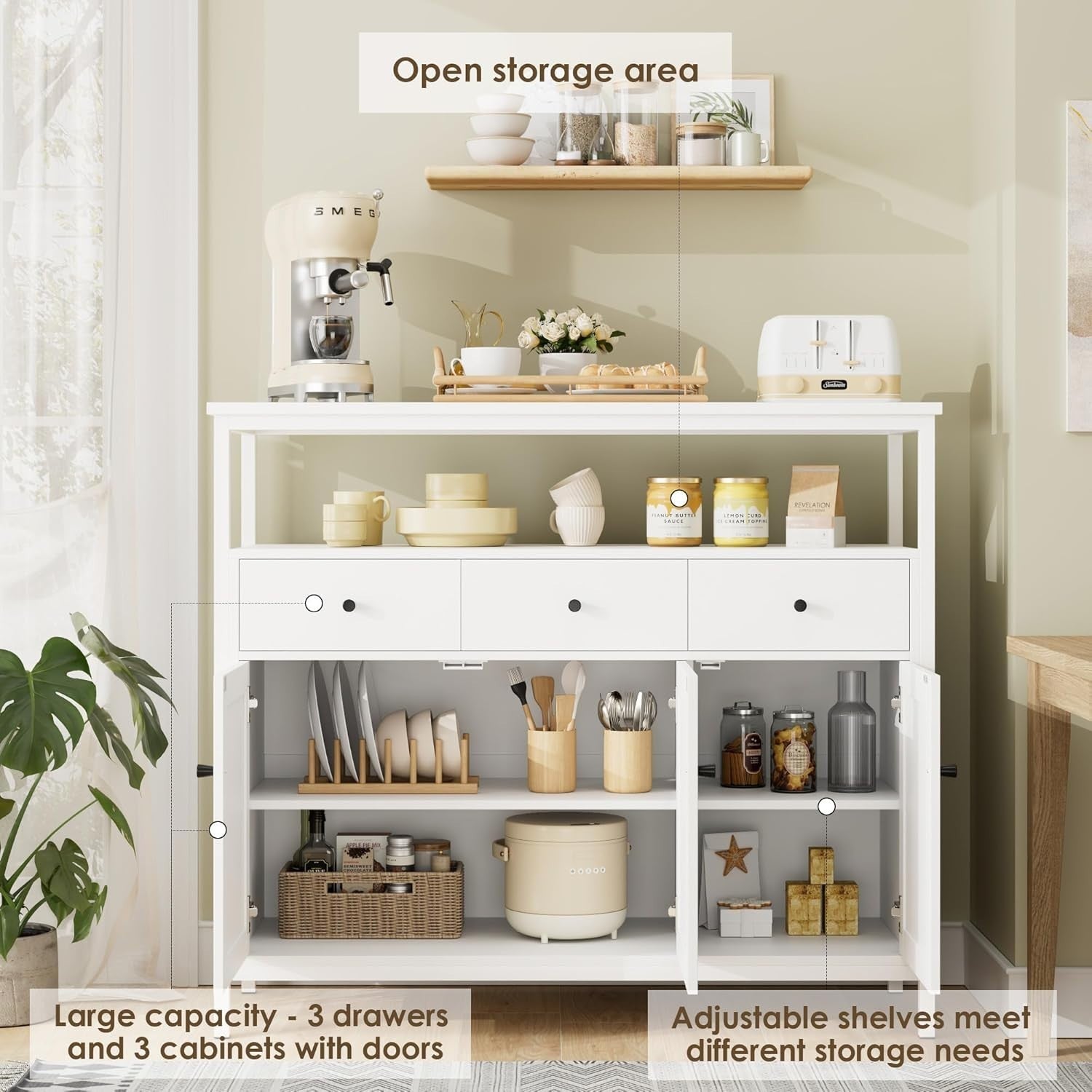 White Kitchen Sideboard Storage Cabinet 3 Drawers 3 Doors Adjustable