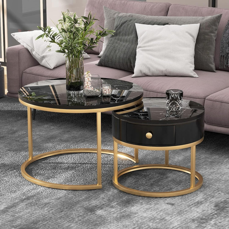 Nest Coffee Table Set 2pc Modern Round Black Marble Metal Adjustable Storage