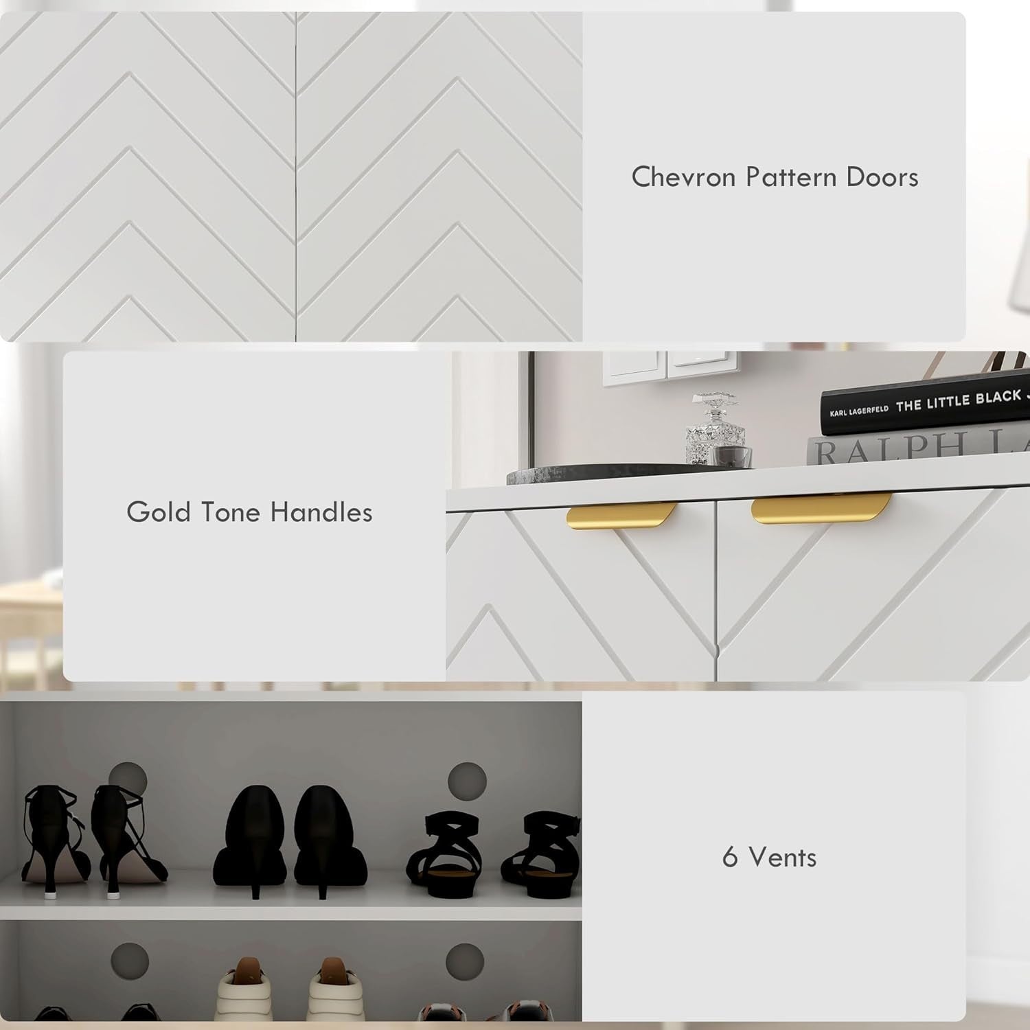 White Chevron 2-Door Shoe Cabinet 12-Pair Storage 73x35x95cm