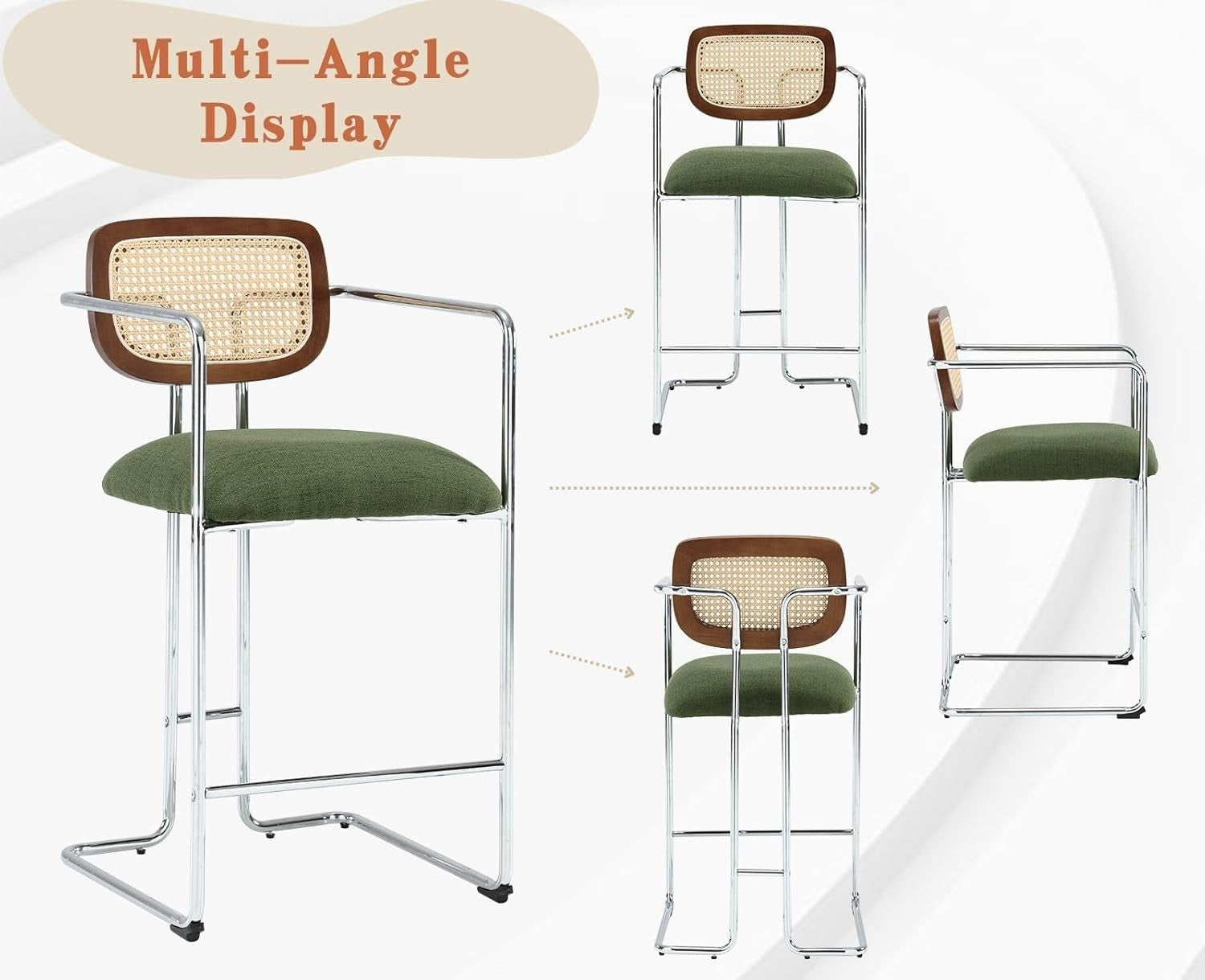 Bar Stools Set of 2 Green Linen Rattan Back Counter Chairs