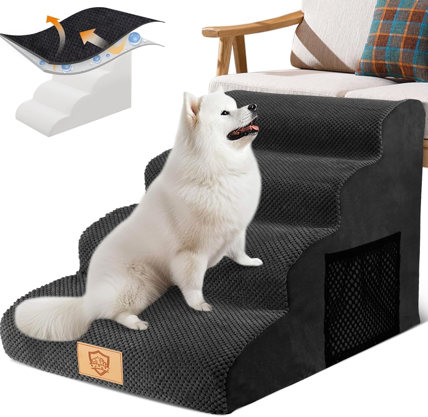 4 Step Dog Stairs Ramp for Bed Sofa Non Slip Washable Black 73x40x51cm