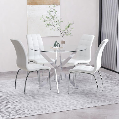 Round 100cm Glass Dining Table 4 Yellow PU Leather Chairs Set