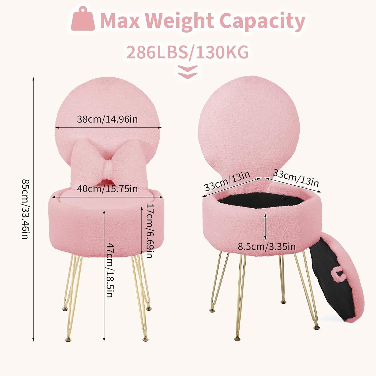 Pink Sherpa Vanity Chair with Storage & Foldable Back – Makeup Stool