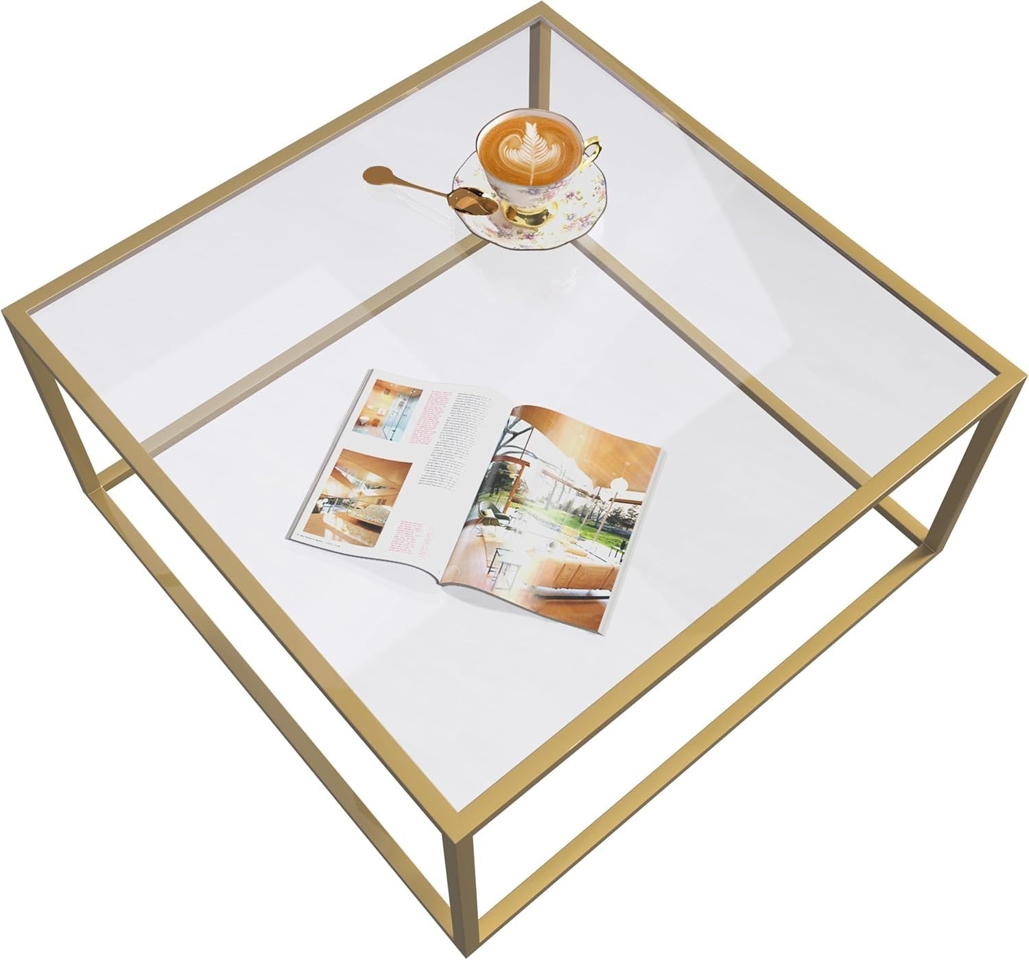 Modern Glass Coffee Table Gold Frame – Small Space Square 68x68x40cm