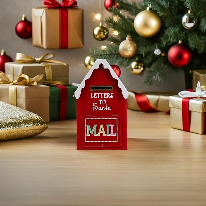 Red Metal Santa Mailbox Wall Mount – Holiday Letter Box for Indoor Outdoor Decor
