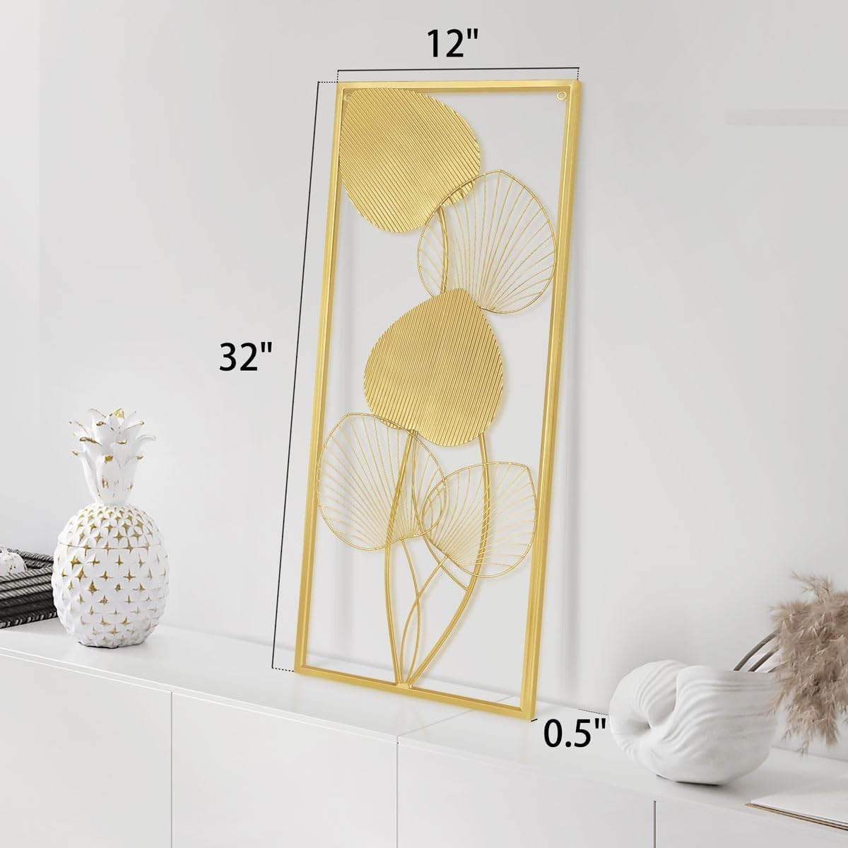 2Pcs Gold Metal Leaf Wall Art 32x12in Framed Panels