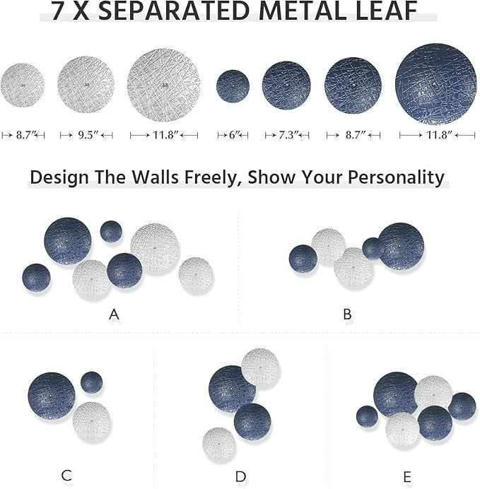 Silver & Blue Wall Decor 7PCS Metal Sculptures Modern Home Art