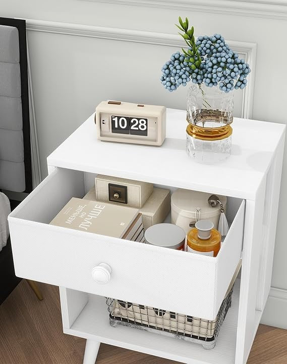 White Bedside Tables Set of 2, Modern Nightstands with Drawer & Shelf, Solid