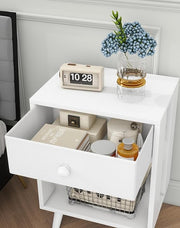 White Bedside Tables Set of 2, Modern Nightstands with Drawer & Shelf, Solid